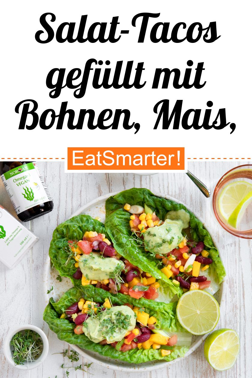 SalatTacos gefüllt mit Bohnen, Mais, Tomaten und AvocadoOmega3Dip
