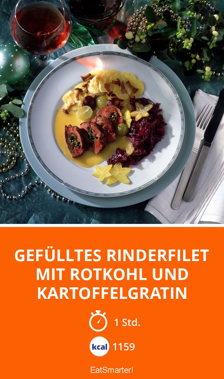 Gefülltes Rinderfilet mit Rotkohl und Kartoffelgratin Rezept | EAT SMARTER