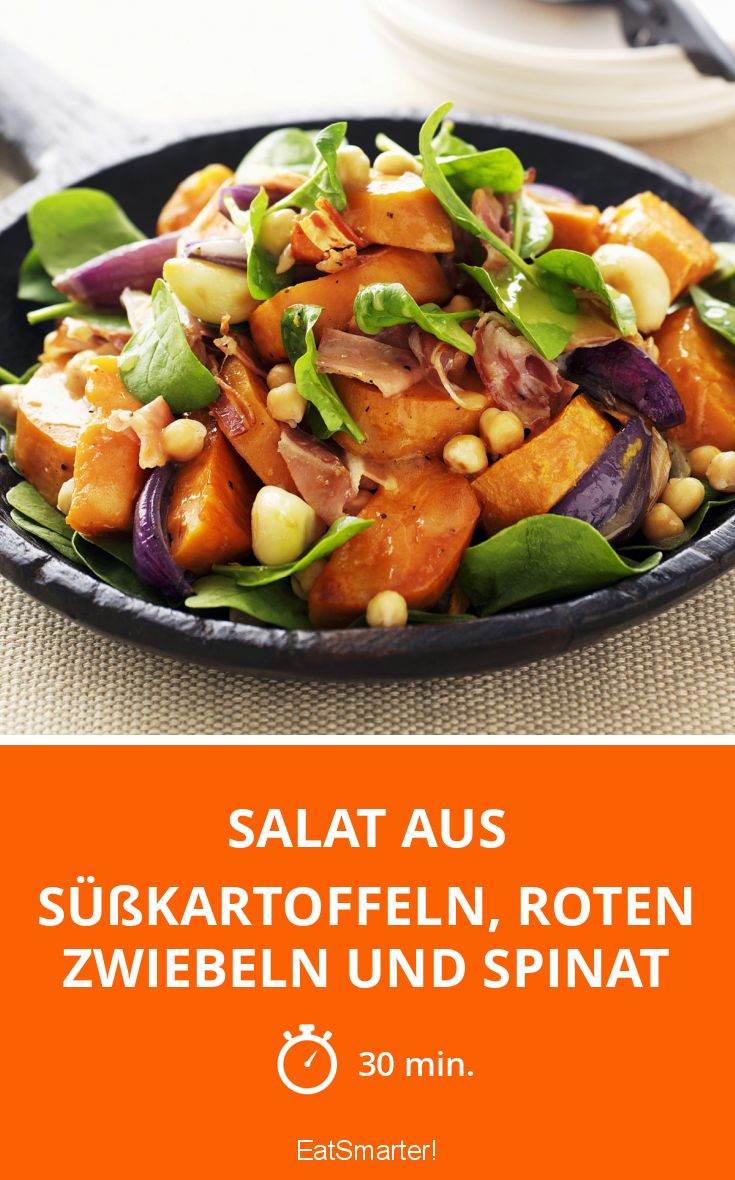Salat aus Süßkartoffeln, roten Zwiebeln und Spinat Rezept | EAT SMARTER