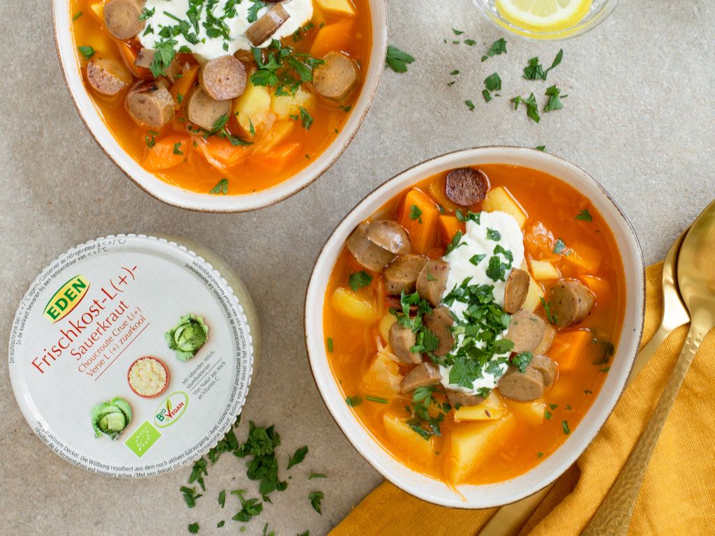 Sauerkraut-Kartoffel-Eintopf mit Veggie-Würstchen Rezept | EAT SMARTER Sauerkraut-Kartoffel-Eintopf mit Veggie-Würstchen Rezept | EAT SMARTER