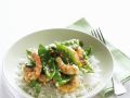 Garnelen mit Chili und Knoblauch mariniert dazu Zuckerschoten und Reis Rezept