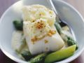 Kabeljaufilet mit Senfsoße dazu Kartoffelbrei und grüner Spargel Rezept