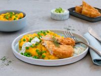 Backofen Fisch Knusprig Kross mit buntem Gemüsepüree und Dilldip Rezept