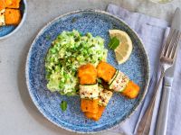 Fischstäbchen aus der Heißluftfritteuse auf Erbsenpüree Rezept