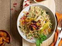 Ofen-Feta mit Aprikosen, Ahornsirup, Lauch und Bulgur