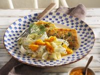 Zanderfilet mit Schwarzwurzelgemüse, Karottendip und Nudeln Rezept