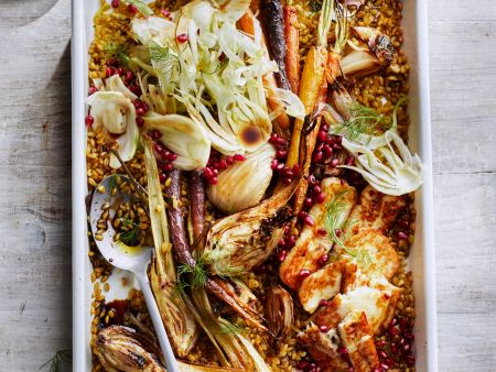 Gebackener Farro mit Möhren und Halloumi