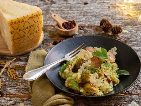 Kräuter-Cranberry-Risotto mit Grana Padano und Balsamico-Rosenkohl