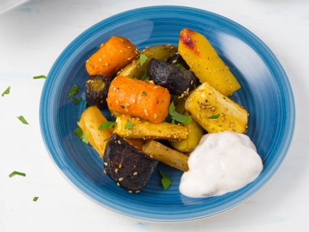 Ofengemüse mit Joghurt-Dattel-Zimt-Dip