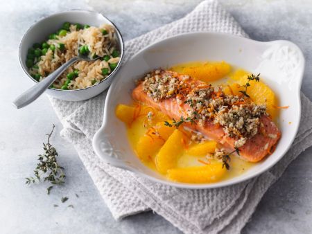Orangenlachs mit Thymiankruste und Risi-Bisi