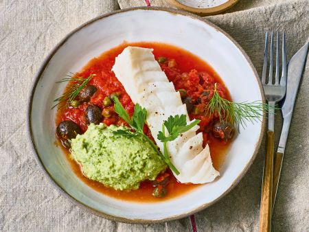 Skrei mit Tomatensauce und Brokkolipüree