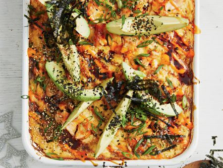 Sushi-Lachsauflauf mit Avocado und Frischkäse